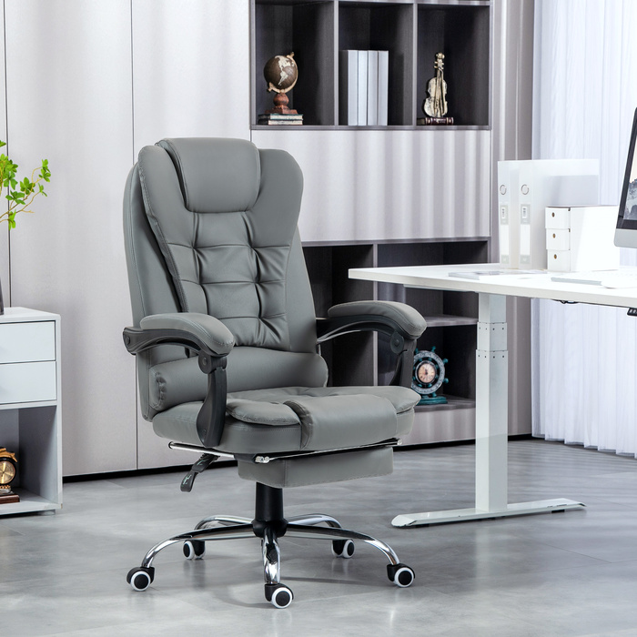 HOMCOM Chef Office Chair with Footrest, Reclining Desk Chair, Height-Adjustable Computer Chair with Armrests, Swivel Chair for Office, Faux Leather, Grey | Aosom