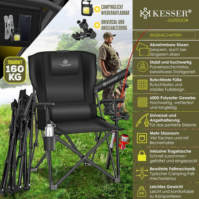 Кресlo для кемпінгу KESSER® розкладне, до 160 кг | Зручне рибальське крісло з підлокітниками, кишенею для напоїв та світлом | Чорний колір