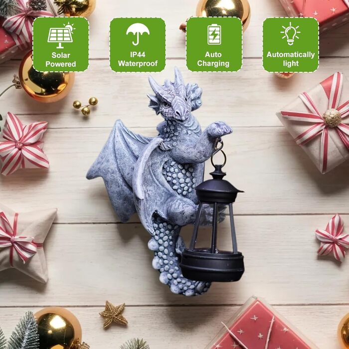Yeomoo Dragon Figures with Solar Lamps Tree Trunk Garden Decor for Outdoors: Funny Dragon Garden Figures Decor with LED Solar String Lights Outdoor Gifts for Men/Women Garden Fence Tree Accessories Grey