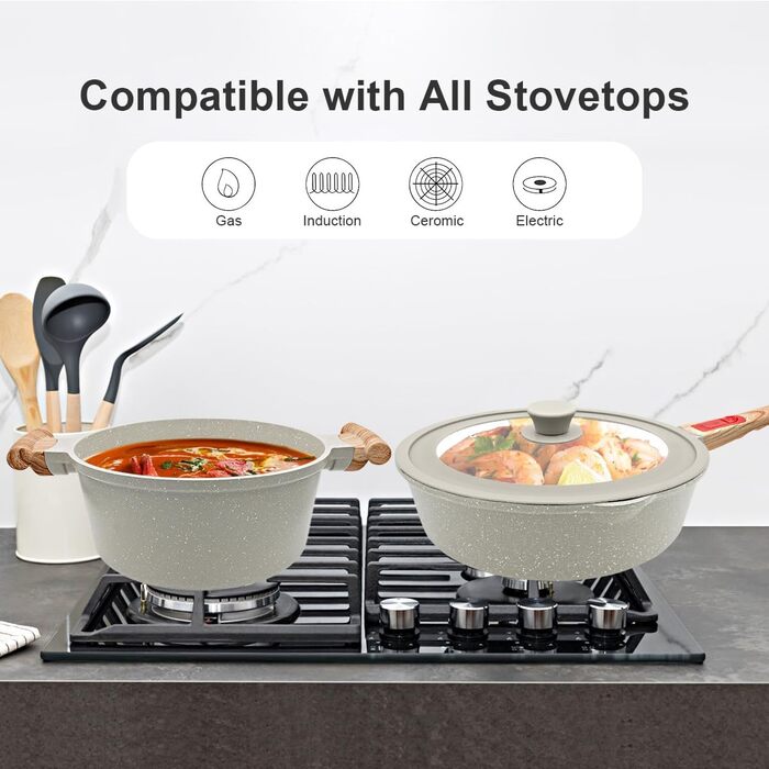 Набір посуду AIKENBBKK 10 предметів: сковороди з кришкою 20, 24, 28 см, каструля з ручкою 18 см + пароварка, каструля 4.7 л, антипригарне покриття, знімний ручка (білий)