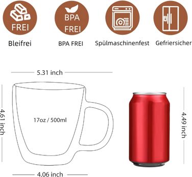 CNGLASS Double-Walled Macchiato Glasses 500ml/17oz, Large Insulated Coffee Cups Glass 1-Piece Set, Clear Coffee Glasses with Handle for Cold and Hot Drinks
