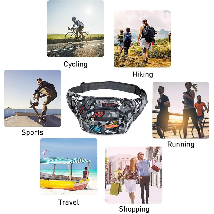 Водонепроникна поясна сумка-рюкзак камуфляжного стилю з багатьма відділеннями для чоловіків, жінок та дітей. Виготовлена з нейлону, ідеальна для бігу, спорту, подорожей та активного відпочинку.