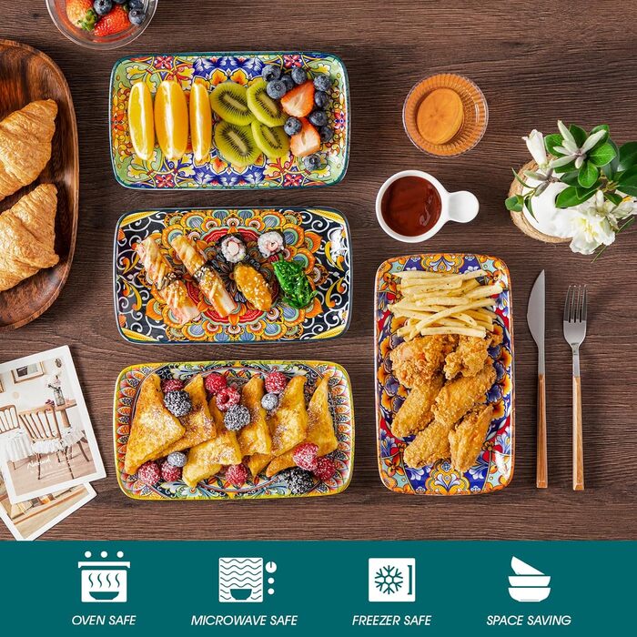 Vancasso Serving Plates, Porcelain, SIMI Rectangular Plate Set, 6-Piece Bohemian Dinner Plates, Dessert Plates for 6 People, 24.7 x 14.2 x H 3.1cm