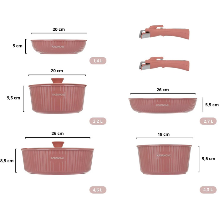 Набір каструль Kasanova Eaziclip 9 шт. з керамічним покриттям, індукційні, знімні ручки, антипригарні, рожевий