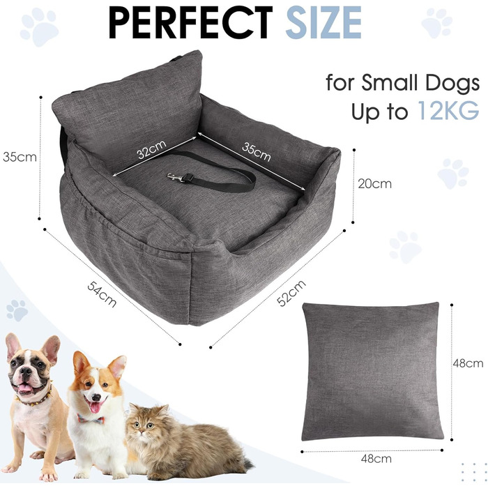 Автомобільний лежак для собак, 54x52x35 см - зручний лежак для собак у машину, сірий. Знімний, можна прати. З кишенями для зберігання.