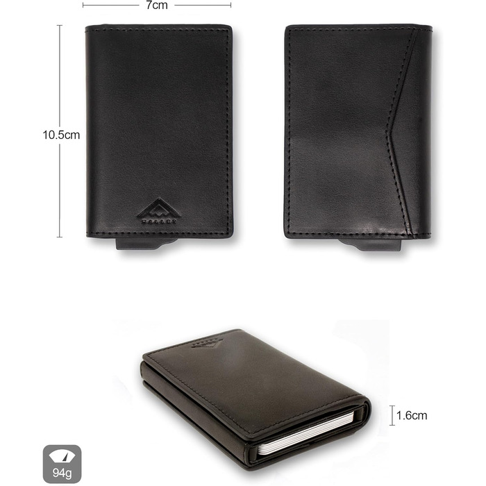 Гаманець чоловічий RFID Stealth Wallet з алюмінієвим каркасом та шкірою (чорний) - захист від сканування карт, мінімалістичний, з подарунковою коробкою