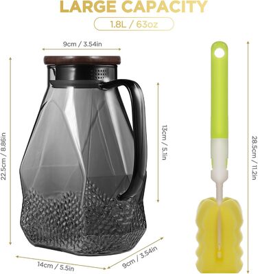 ecooe Glass Giraffe 1.8L Water Carafe for Refrigerator Door, Carafe Glass with Lid, Black Refrigerator Pitcher Water Jug Glass Jug for Hot/Cold Water, DIY Drinks, Iced Tea, Juice, Milk, Tea, Coffee