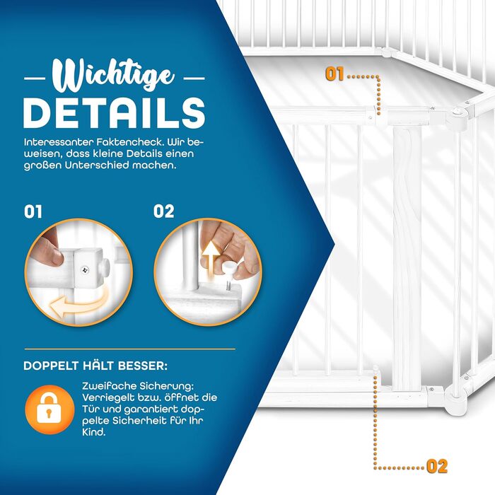 Дитячий манеж KIDUKU® XXL, 7,2 м, розкладний, з дверцятами | Безпечний манеж для дитини з подвійним замком та 8 елементами | Перегородка для дитини, білий/натуральний колір