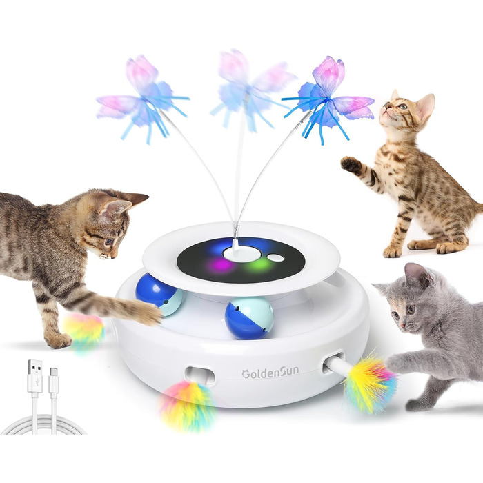 GoldenSun Cat Toy, 3-in-1 Electric Interactive Automatic Toy for Cats, Whack-A-Mole, Fluttering Butterfly, Includes Ball, USB Rechargeable Cat Teaser with 6 Attachments