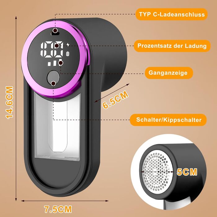 Електричний видалення ворсу Fusselrasierer: перезаряджуваний, 6 лез, USB-C, LED, 3 швидкості, великий збірник ворсу, захисний замок