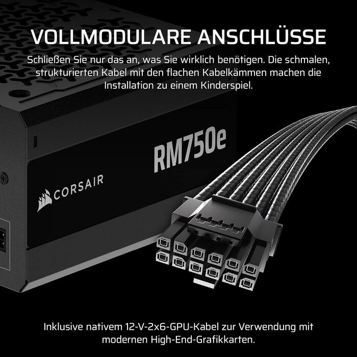 Блок живлення Corsair RM750e (2025) 750W, повністю модульний, ATX 3.1, PCIe 5.1, 12V-2x6, Cybenetics Gold, низький рівень шуму, чорний