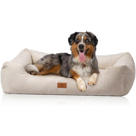 Knuffelwuff Dog Bed in Corduroy with Hand-Woven Character Olivia XL 105 x 75cm - Removable Cover - Washable - for Large, Medium, and Small Dogs (L 120 x W 85 x H 25 cm, Beige)