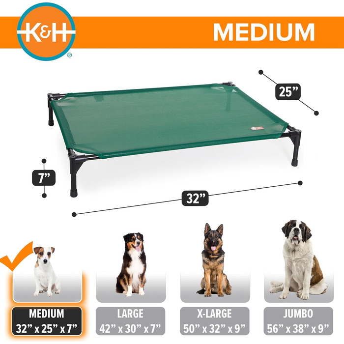 K&H Pet Products Elevated Outdoor Dog Bed, Breathable, Cooling, Elevated Cot Bed, Hammock for Large Dogs, Washable Mesh Cover, Elevated Metal Frame, Collapsible, (Green Mesh Fabric for All Seasons)