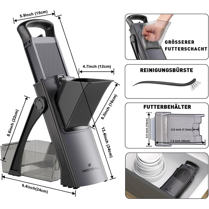 Мандоліна-слайсер ONCE FOR ALL Upgrade: безпечний, великого розміру, з регульованою насадкою для овочів та продуктів, для нарізки картоплі фрі, знімні леза (чорний/сірий)