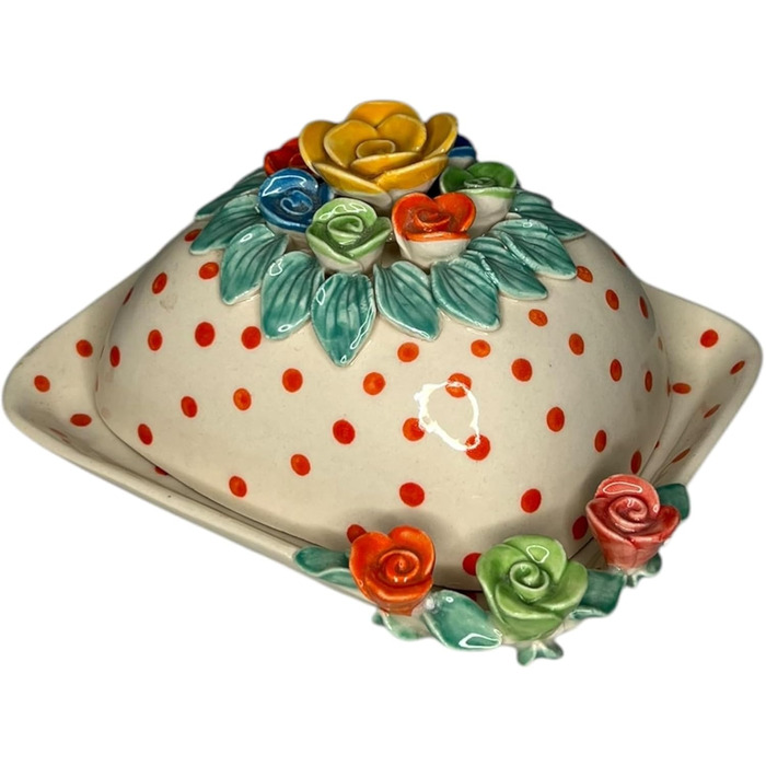 Ceramic Butter Dish with Lid, Colorful, Hand-Painted (Polka Dot Roses)