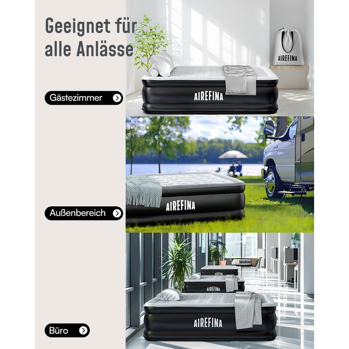 Надувне ліжко Airefina на 2 особи з самонадувною системою та вбудованим насосом, для кемпінгу та дому, міцне гостьове ліжко 203 x 152 x 46 см