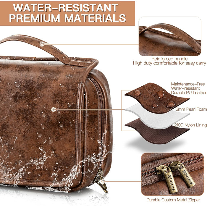 Чоловіча туалетна сумка Elviros з PU-шкіри, 3-в-1, велика водонепроникна косметичка для подорожей (темно-коричнева)