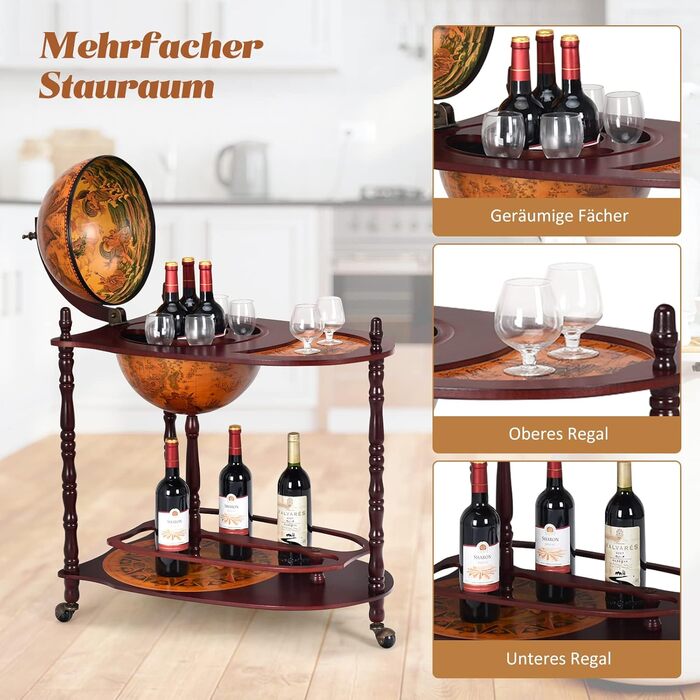 COSTWAY Globusbar Minibar World Globe Wine Rack Bottle Rack Globe Bar Home Bar Cocktail Bar Decorative Bar Table Bar, with Wheels, with Tabletop