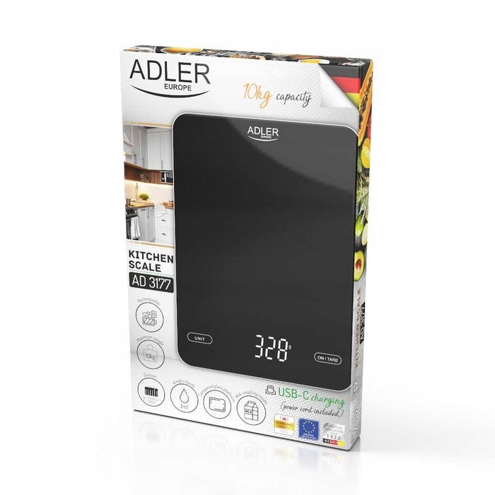 Кухонні ваги Adler чорні, 10 кг, USB-зарядка, LED-дисплей