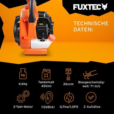 Бензиновий повітродув FUXTEC FX-LB126 2в1 з 2-ма насадками, розширюється до садового пилососа, 2-тактний двигун, швидкість повітря 71 м/с, преміум-клас