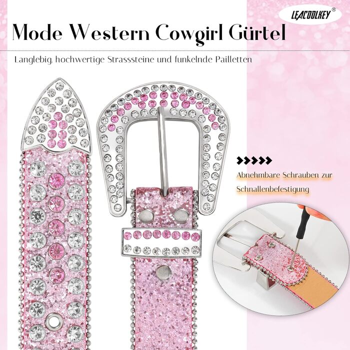 LEACOOLKEY Ремінь з стразами для чоловіків та жінок, блискучий вестерн кантрі ковбойський ремінь з ніти, для джинсів, штанів, суконь, розмір S (73-82 см), загальна довжина 105 см, колір G-рожевий (срібна пряжка)
