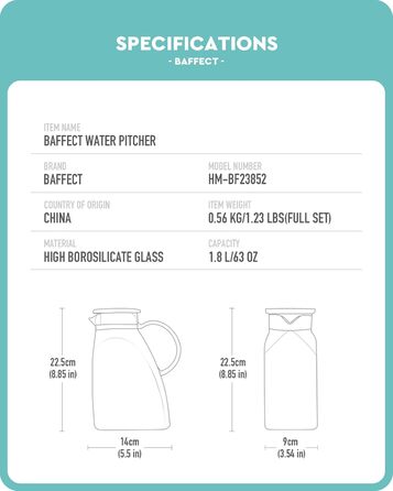 Baffect Water Jug, Glass Carafe with Stainless Steel Lid, Leak-Proof Refrigerator Door Carafe for Hot or Cold Drinks (1.8 L/63 oz.)