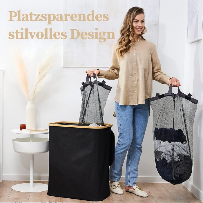 HENNEZ Laundry Basket with Lid, 2 Compartments, Slim Laundry Basket, Black, 141L Laundry Bag - Laundry Sorter, Anthracite Laundry Box, Laundry Bin, Black Laundry Collector with Lid, Laundry Chest, Dark Laundry Baskets