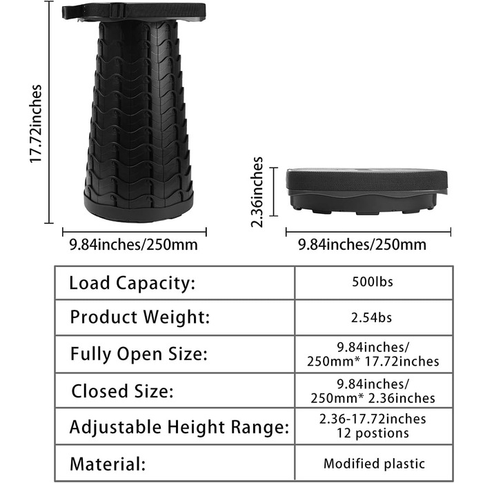 Зручний складаний стілець-телескоп для кемпінгу, риболовлі та відпочинку на природі. Максимальне навантаження 220 кг, чорний колір