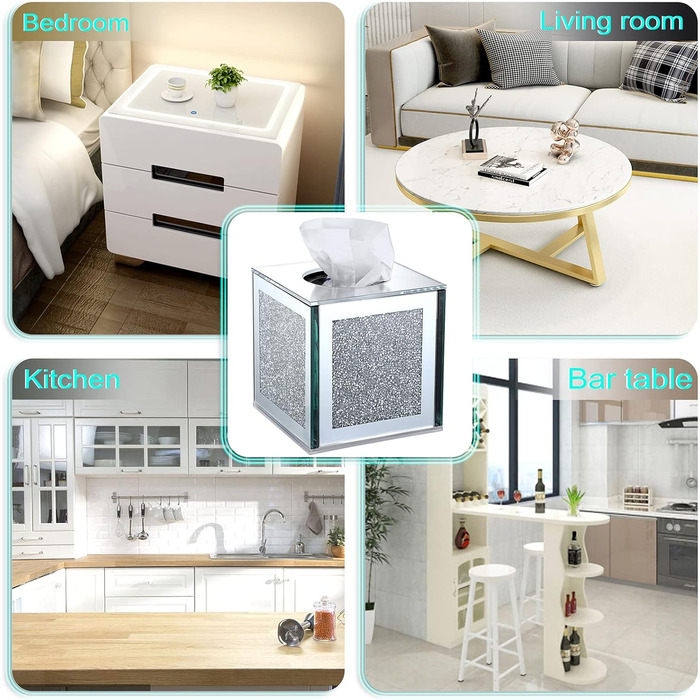 BTSKY Glittering Glass Cube Tissue Box with Crushed Crystal Diamonds for Home Decoration, Table Napkin Holder, Square Tissue Organizer