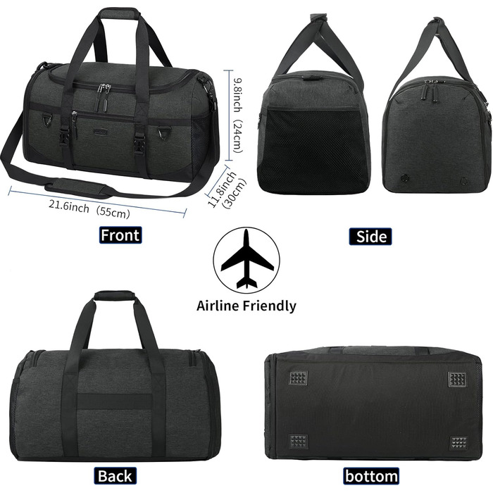 Lubardy Sports Bag/Duffle Bag Large 40L Waterproof with Sports Towel, Shoe Compartment, Wet Compartment, Weekender, Swim Bag, Training Bag, Gym Bag for Women and Men, Black