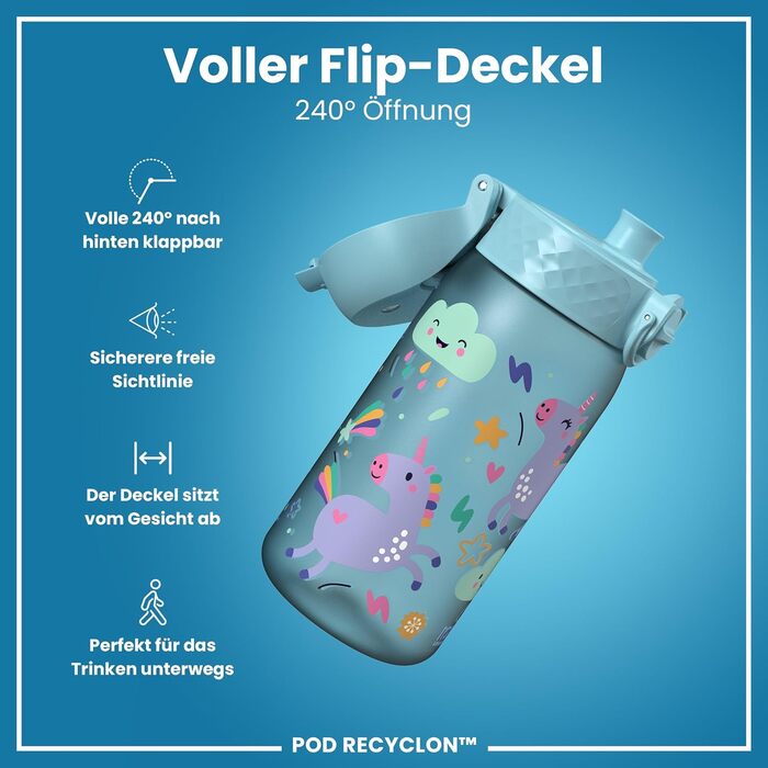 ion8 Insulated Stainless Steel Drinking Bottle 320 ml Leak-Proof One-Hand Opening Secure Locking Dishwasher Safe Flip-Top Lid Carrying Handle Easy to Clean, Durable, Unicorn (Evo, Recyclon, Alaskablue)