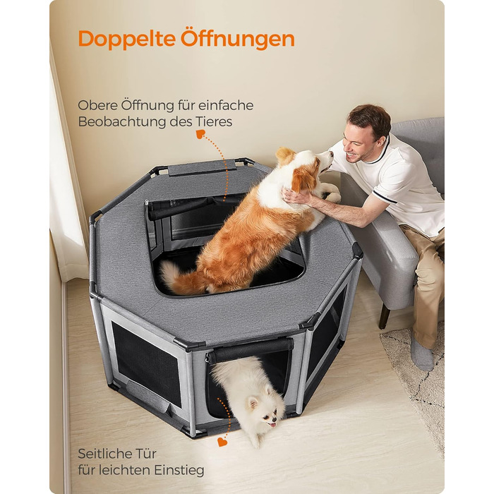 Клітка для цуценят Feandrea Oxford, восьмикутна, велика, 112 x 112 x 76 см, з PVC-каркасом, дихаюча сітка, з кишенею, сіро-сіра, PDC006G01