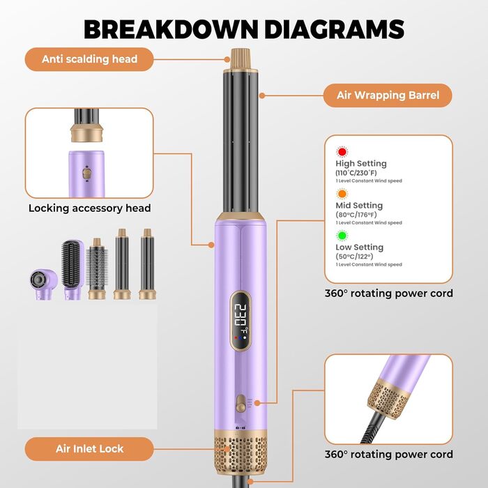 Фен-щітка Pro Airstyler 5 в 1: 1000W, іонізація, 30мм насадка для локонів, сушка, укладка, випрямлення. Violet