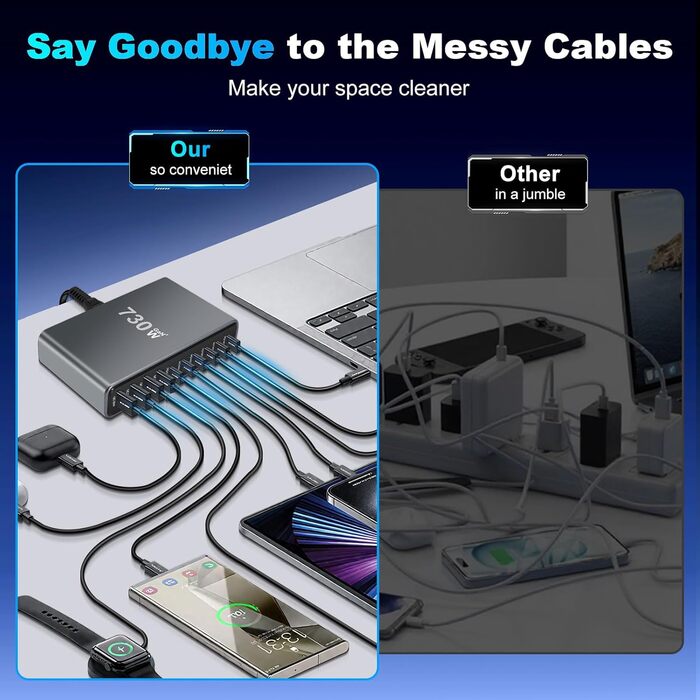 Зарядний пристрій GaN III USB C 730W, 10 портів (6x USB-C, 4x USB-A), PD 140W/100W/65W/30W для MacBook, iPhone, iPad, Samsung Galaxy - Швидка зарядка