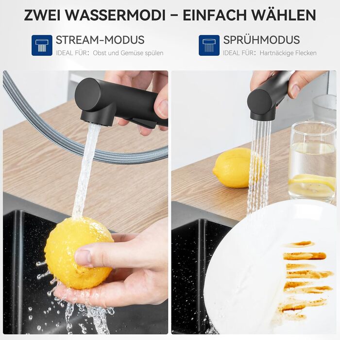 Змішувач кухонний CECIPA висувний з душем, нержавіюча сталь, 2 режими, 360° оберт, матовий чорний