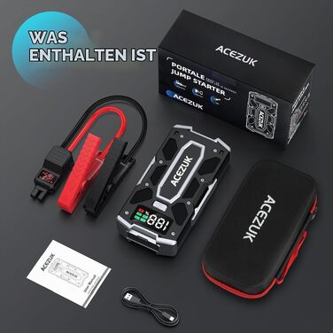 Бустер для автомобіля ACEZUK 6000A — Пусковий пристрій (Powerbank) 12V для бензинових (до 7.0L) та дизельних (до 5.5L) двигунів, з LED-ліхтарем та цифровим дисплеєм для авто, SUV, мотоциклів