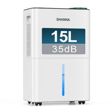 Електричний осушувач повітря SHANNA 15л/24год для приміщень до 35м², з таймером та дренажним шлангом (тихий 35дБ, R290) для дому, підвалу та кемпера