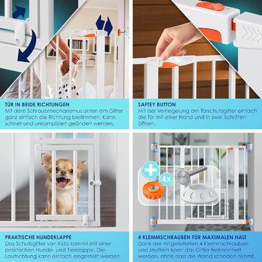 Захисне ворота KIDIZ для котів з люком, без свердління, для дітей, біле | 90° фіксація, поворотне, ширина: 88-101 см, помаранчевий