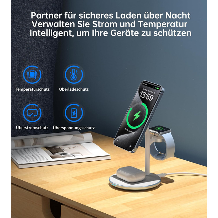 3-в-1 Індукційна зарядка для декількох пристроїв: iPhone 15/14, iWatch, AirPods, білий (блакитний)