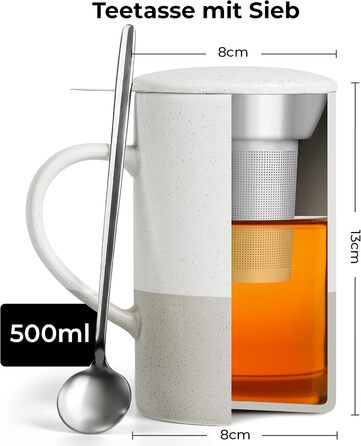 Набір чайних чашок Miamio 2 x 500 мл з кришкою та ситом, з чайним ситечком та ложкою, для заварювання листового чаю, подарунок для жінок, сумісний з мікрохвильовою піччю та посудомийною машиною (сірий)