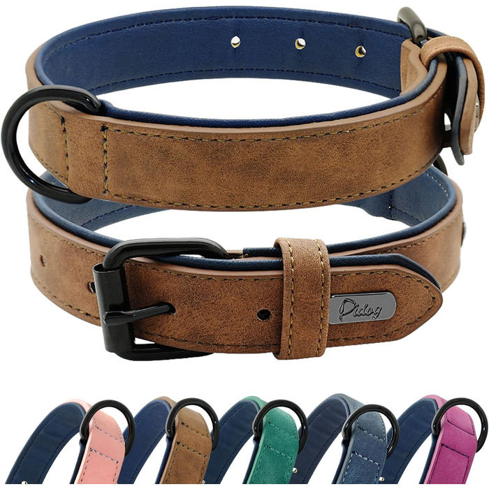 Нашийник для собак Didog з м'якої шкіри, регульований, з нержавіючою металевою застібкою, L (33-43 см, 10-20 кг, Колір: Коричневий)