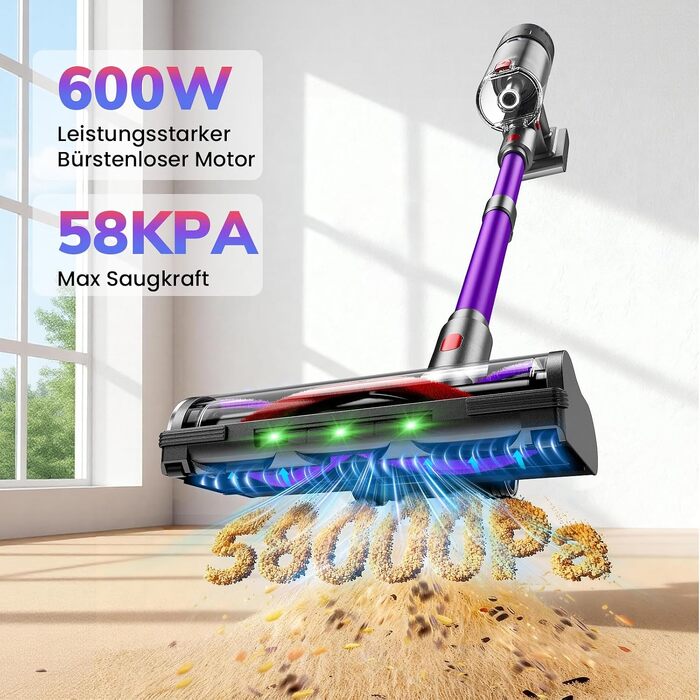 Акумуляторний вертикальний пилосос 600W, 58000Pa, 75 хв роботи, з LED-дисплеєм, зарядною станцією та антизаплутувальною щіткою для килимів та шерсті тварин, Фіолетовий