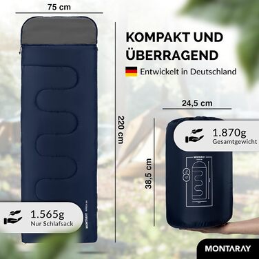 Montaray® Hooded Sleeping Bag -3°C - Outdoor Winter & Summer Sleeping Bag for Hiking, Camping & Hut Use - Warm Sleeping Bag for Men & Women (Blue, 280GSM, 75 x 220cm)