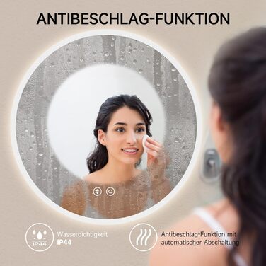 Дзеркало для ванної кімнати YOLEO круглої форми з підсвічуванням, 60 см, з сенсорним вимикачем, захисне скло, 3 кольори світла, регулювання яскравості, 6500K (70x70 см)