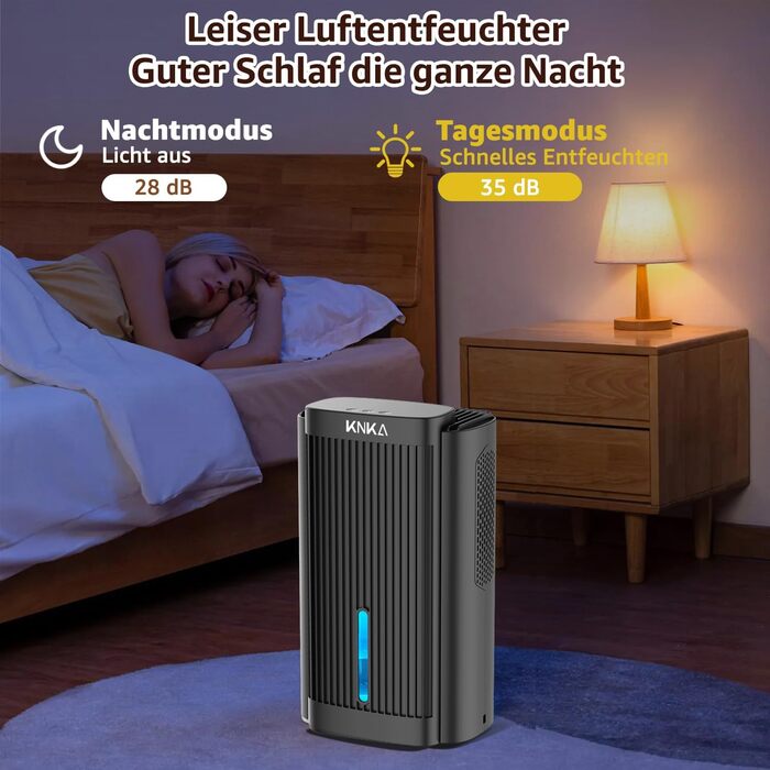 Електричний осушувач повітря KNKA, 1.1 л, для дому, ванної кімнати, підвалу, тихий (28 дБ), з автовимкненням та нічним режимом, кольорове підсвічування (білий), колір: чорний
