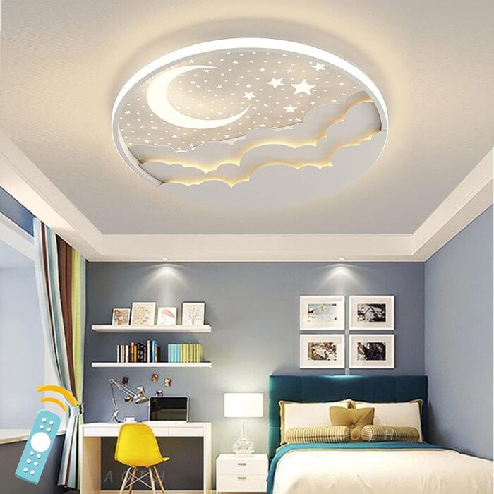Дитяча LED стельова лампа Зірка і Місяць, акриловий плафон, безступеневе дімування з пультом, ультратонка 6 см, для спальні чи дитсадка, 40 Вт, 40 см, біла