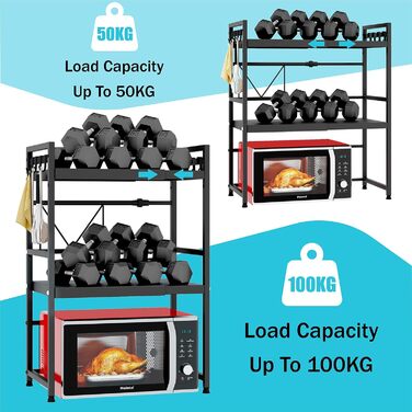 Регульована підставка для мікрохвильової печі, 2-рівнева розширювана, з вуглецевої сталі, з 8 гачками, органайзер для кухні (1 шт, чорний)