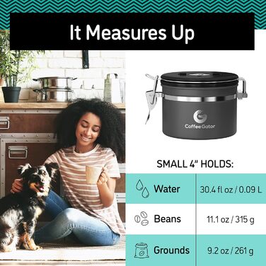 Контейнер для кави Coffee Gator з нержавіючої сталі, герметичний, з датчиком дати, CO2-вентилем, ложкою, для кавових зерен, меленої кави, горіхів, чаю, цукру (Чорний)
