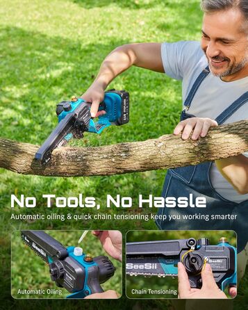 Акумуляторна міні-пила SEESII 6 дюймів (8000mAh) з автоматичною змащенням та запасним ланцюгом - для стрижки гілок та дерева