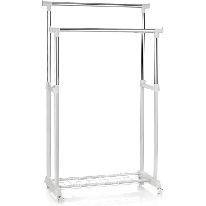 IDIMEX Wardrobe Trolley Grosso Clothes Rack Rolling Wardrobe Clothes Stand, with Shoe Shelf, 2 Clothes Rails, Height Adjustable, Chrome-Plated Metal Tube, in White